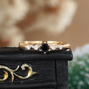 Art Deco Black Onyx Engagement Ring: 14K Gold May Birthstone