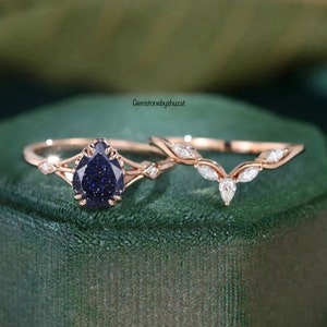 Blue Sandstone Ring Set: Sterling Silver Galaxy Ring, CZ Wedding Band