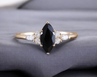 Black onyx Engagement ring Marquise cut Moissanite Vintage marquise cut Rose gold Unique Diamond women Art Deco Anniversary gift