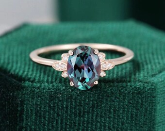 Vintage Teal Alexandrite Ring 24k Rose Gold Vermeil Engagement Ring Promise Ring June Birthstone ring Anniversary Gift for Her promise ring