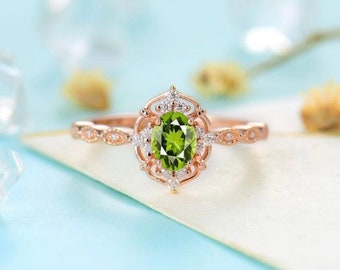 Vintage Green periodt Engagement Ring Antique oval cut Bridal ring Art Deco halo ring Anniversary promise Ring Green peridot Ring