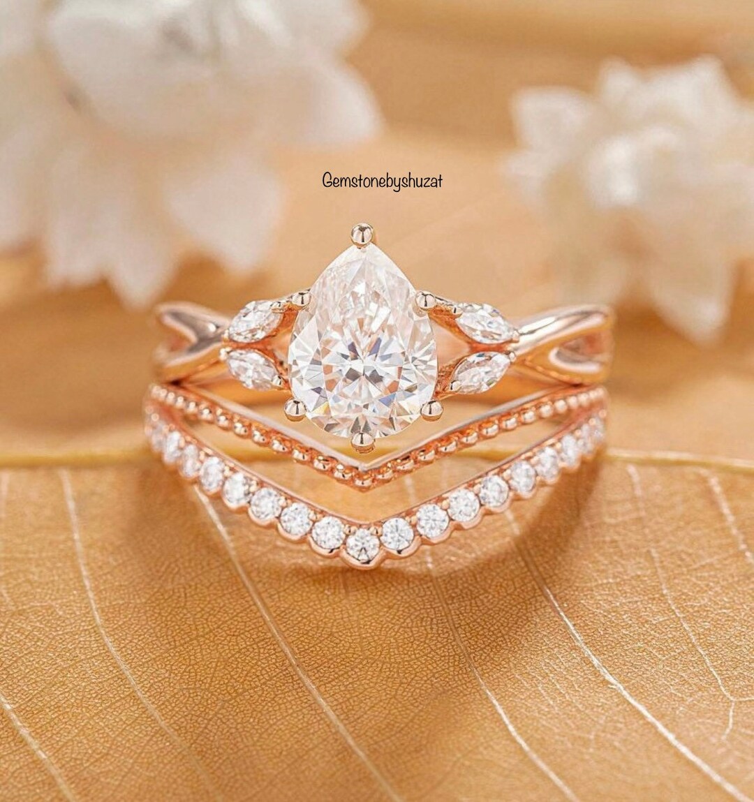 Pear Cut Moissanite Engagement Ring Set: 14K Gold Bridal Wedding Rings ...