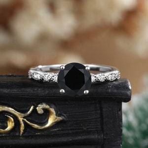 Art Deco Black Onyx Engagement Ring: 14K Gold Vintage Wedding Ring gift for her