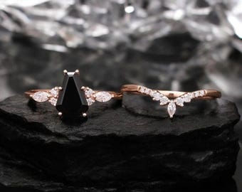 Coffin Shaped Natural Black Onyx Engagement 2pset Ring Vintage Rose gold Coffin cut ring Unique Diamond Bridal ring Anniversary gift for her