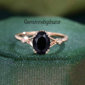 Oval Black Onyx Rose Gold Ring: Vintage Moissanite Bridal Ring