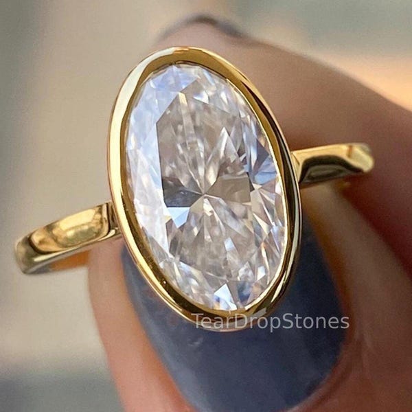 5 Ct Längliche Ovalschliff Moissanit Verlobungsring Lünette Einstellung Solitär Ehering 14K Gelbgold Oval Diamant Ring Versprechensring