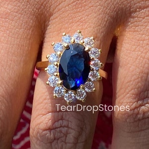 ダイアナ妃の婚約指輪 4カラット オーバル ブルーサファイア ハローリング 14K ソリッドゴールド ブライダル 結婚指輪 9月の誕生石 プロミスリング 彼女への贈り物
