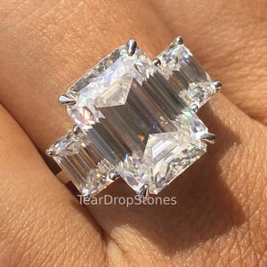 8 CT Emerald Cut Moissanite Three Stone Engagement Ring Side Emerald Moissanite Three Stone Ring 14K White Gold Ring Anniversary Gift Ring