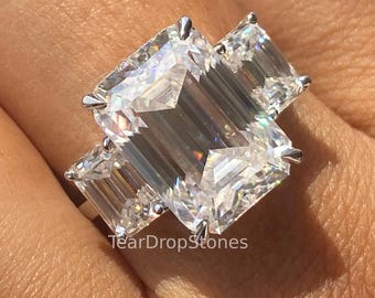 8 CT Emerald Cut Moissanite Three Stone Engagement Ring Side Emerald Moissanite Three Stone Ring 14K White Gold Ring Anniversary Gift Ring