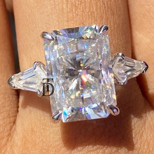 7 CT Three Stone Radiant Moissanite Engagement Ring Side Tapper Baguette Moissanite Wedding Ring 14K White Gold Anniversary Ring For Women