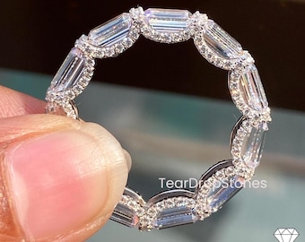 Emerald Cut Moissanite Eternity Band: Hidden Halo 14k White Gold Wedding Ring