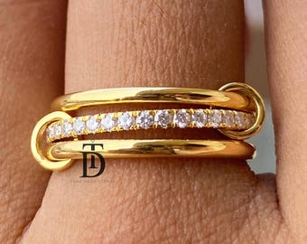 14K Yellow Gold Multi Link Connected Ring Chunky Connector Ring Eternity Statement Interlocking Ring Round Cut Moissanite Eternity Band Ring