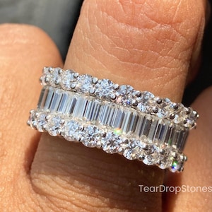 Round And Baguette Cut Moissanite Wedding Band 14K White Gold Full Eternity Baguette Diamond Band 3 Row Wide Stacking Band Anniversary Band