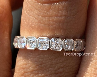 3 MM Asscher Cut Moissanite Full Eternity Band 14K Solid Gold Bezel Set Stacking Ring Wedding Matching Band Asscher Bezel Band Proposal Band