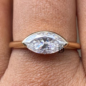 Unique 2CT East West Marquise Cut Moissanite Engagement Ring Solitaire Bezel Set Ring 14K Yellow Gold Marquise Wedding Ring Anniversary Ring