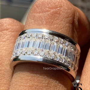 Full Eternity Baguette and Princess Diamond Wedding Band, Channel Set Moissanite Anniversary Band, 3 Row Eternity Band, Wide Moissanite Band