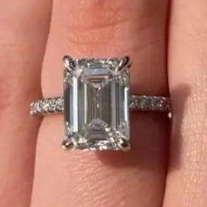 4 CT Emerald Cut Moissanite Solitaire Engagement Ring 14K Solid Gold Ring Hidden Halo Wedding Ring  Half Eternity Pave Ring Anniversary Gift