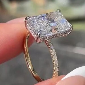 5 Ct Radiant Cut Moissanite Ring Radiant Engagement Ring 14K White Gold Bridal Pave and Hidden Halo Wedding Ring For Her Classic Prong Ring