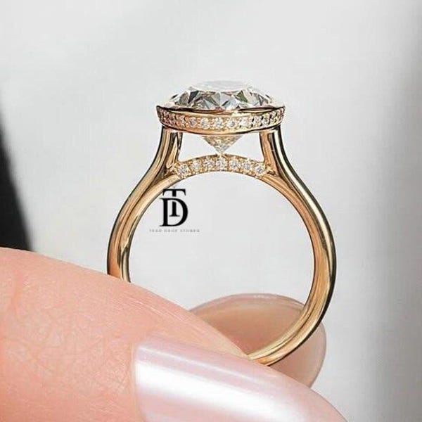 6 Karat Moissanit-Ring mit ovalem Schliff und verstecktem Halo, Damenring mit ovaler Lünettenfassung, 14 Karat massives Gold, Ehering, ovaler Solitärring, ovaler Brückenring mit Pavé-Fassung