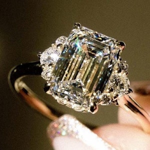 Anillo de compromiso de moissanita de corte esmeralda de 5 quilates, anillo de bodas de oro macizo de 14 quilates con racimo de esmeraldas, anillo de esmeralda con halo oculto, anillo de aniversario art déco