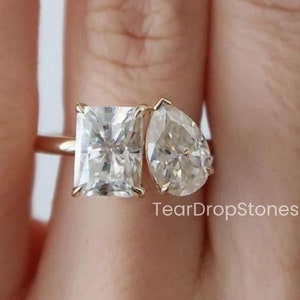 14K Gold Toi Et Moi Engagement Ring, Pear and Radiant Cut Moissanite Ring, Double Stone Ring, Two Stone Wedding Ring For Her, Proposal Ring