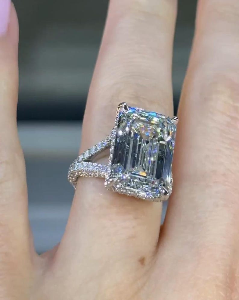 7 CT Emerald Cut Moissanite Split Shank Engagement Ring Hidden Halo ...