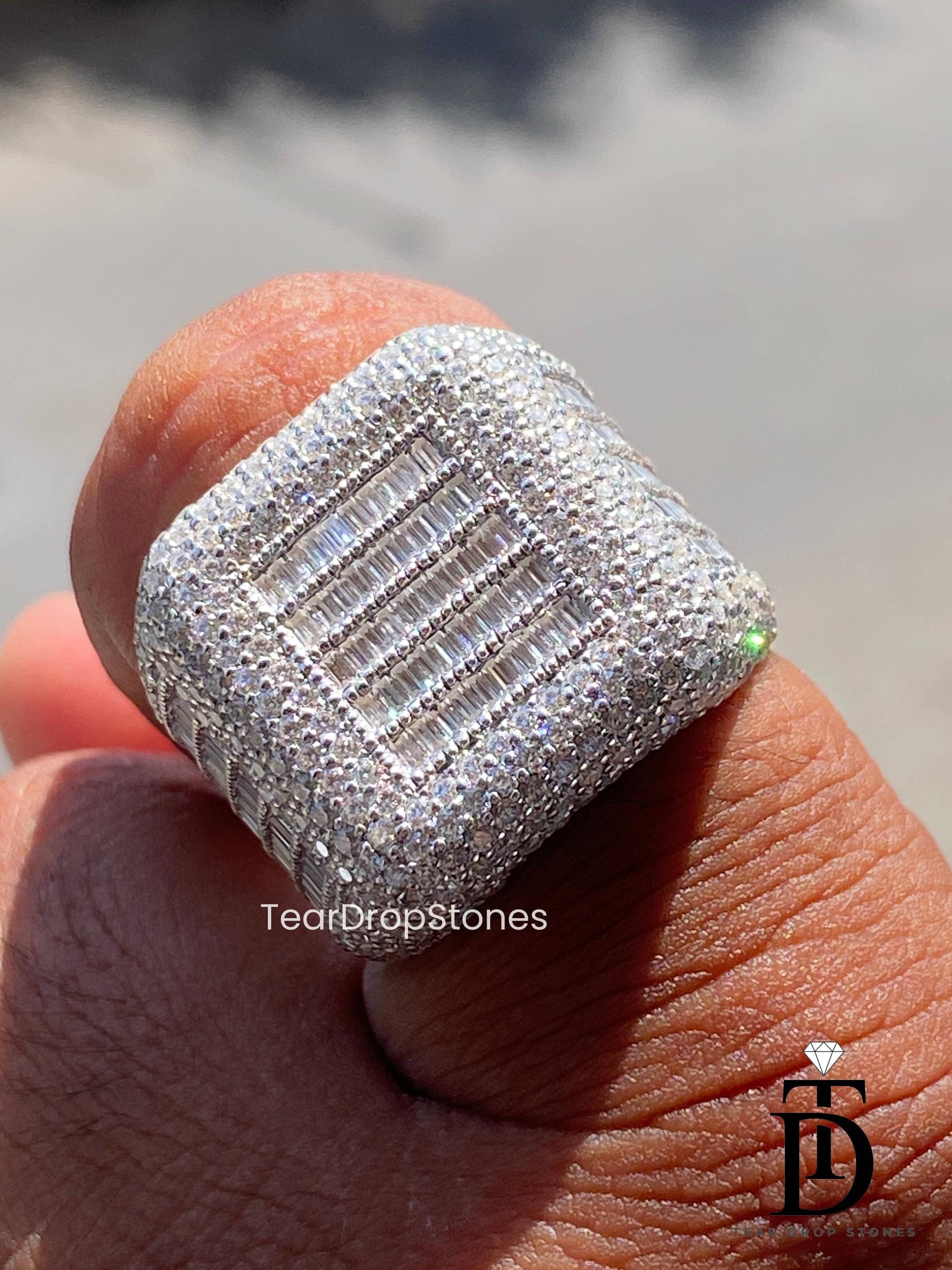 Iced Out Baguette Diamond Ring, 14K Solid Gold Champion Ring