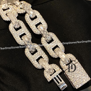 12 MM Moissanite Mariner Link Chain, Iced Out Hip Hop Chain, 925 Silver Mariner Baguette Link Chain, VVS Moissanite Diamond Necklace For Men