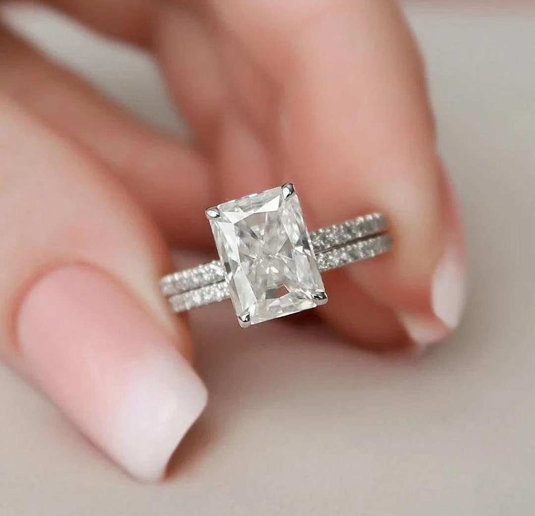 3 Ct Radiant Cut Moissanite Engagement Ring Set Radiant Wedding Set 14K ...