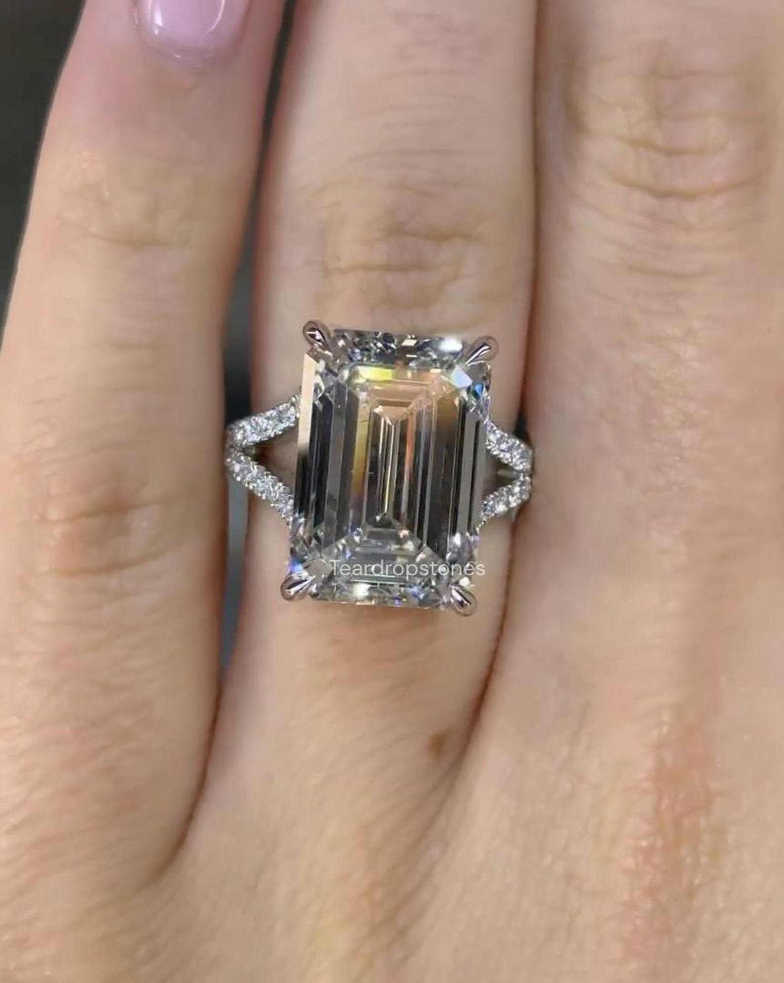 7 CT Emerald Cut Moissanite Split Shank Engagement Ring Hidden Halo ...