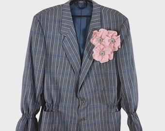 Blazer de lana rediseñado, pieza única | Chaqueta extragrande a cuadros Glencheck | Blazer con estampado floral 3D | Chaqueta vintage reciclada