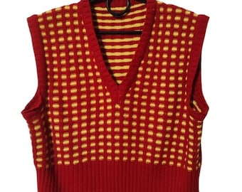 Chaleco de punto rojo y amarillo hecho a mano, estilo vintage Y2K, chaleco de suéter retro a cuadros, top preppy, talla S/M
