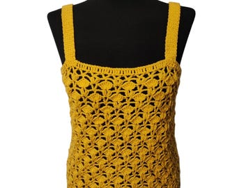Top de crochet hecho a mano, rediseñado, color amarillo mostaza, estilo boho, talla S.