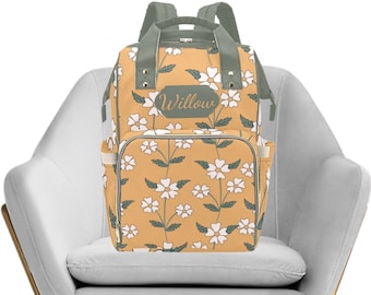 Personalised Boho Diaper Bag-Custom Name Nappy Bag- Flower Baby Backpack-Unisex Nappy Bag-Earthy Kindy Backpack