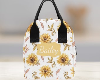 Personalised Sunflower Insulated Lunch Bag-Kid's Custom Flower Lunch Box-Children's Custom Name Floral Lunchbox-Personalised Lunch Bag