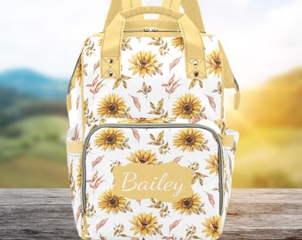 Personalised Sunflower Nappy Bag-Custom Name Baby Bag-Girls Floral Diaper Bag-Kid's Personalised School Bag-Custom Baby Shower Gift