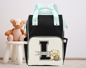 Personalised Blue Monogram Name Diaper Bag-Custom Name Kids Backpack-Unisex Nappy Bag-Bear Baby Bag-Baby Backpack