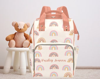 Personalised Boho Rainbow Diaper Backpack-Custom Name Kids Backpack-Unisex Nappy Bag-Earthy School Backpack