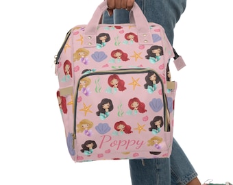 Personalised Mermaid Multi Functional Nappy Bag-Custom Name Kids Backpack-Under Girls Custom School Bag