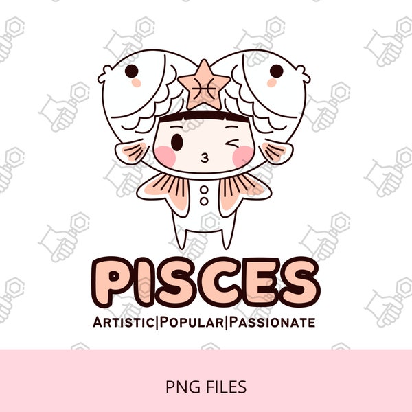 Kawaii Zodiac Pisces PNG File-Star Sign Digital Files-Kawaii Designs