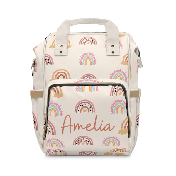 Personalised Boho Rainbow Diaper Bag-Custom Name Kids Backpack-Unisex Nappy Bag-Earthy School Backpack