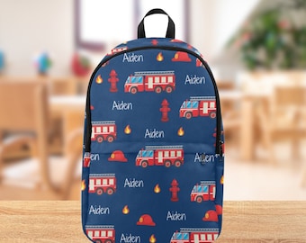 Personalised Fire Truck Backpack-Custom Name School Backpack-  Boys Preschool Bag-Overnight Backpack- Boy's Name Backpack- Back To School