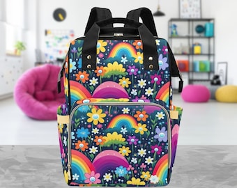 Personalised Rainbow Diaper Bag-Custom Name Kids Backpack-Unisex Nappy Bag-Colour Diaper Bag