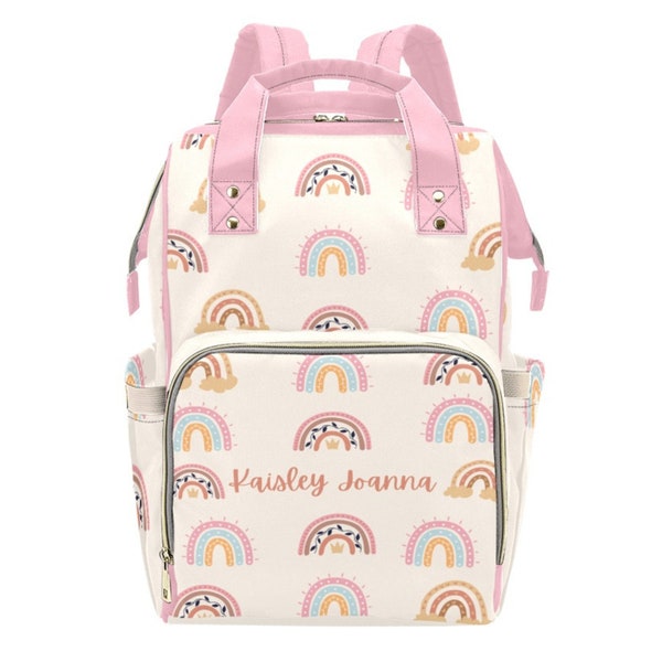 Personalised Pink Boho Rainbow Diaper Bag-Custom Name Kids Backpack-Unisex Nappy Bag-Earthy School Backpack