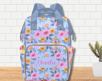 Personalised Floral Nappy Bag-Custom Name Baby Bag-Girls Flower Diaper Bag-Kid's Personalised School Bag-Custom Baby Shower Gift