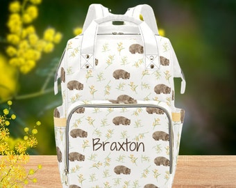 Personalised Australian Baby Backpack Bag-Australian Animal Print bag-Unisex Baby Shower Gift-Wombat Gift For Baby-Unisex Name Diaper Bag