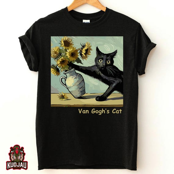 Van Gogh's Cat T-Shirt, Funny Black Cat Tee, Sunflower Vase Shirt, Cat Knocking Vase Meme Shirt, Quirky Artistic Cat Tee, Gift for Cat Lover