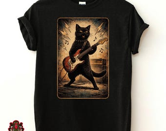 Cat Play Rock Guitar T-Shirt, Cat Lover Gift, Guitar Player Gift, Music Festival Shirt, Vintage Rock Style Shirt, Funny Black Cat Lover Tee