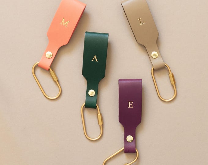 Personalized leather keychain in various colors with brass carabiner