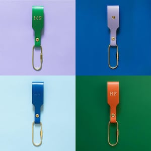 Personalized leather keychain in various colors with brass carabiner